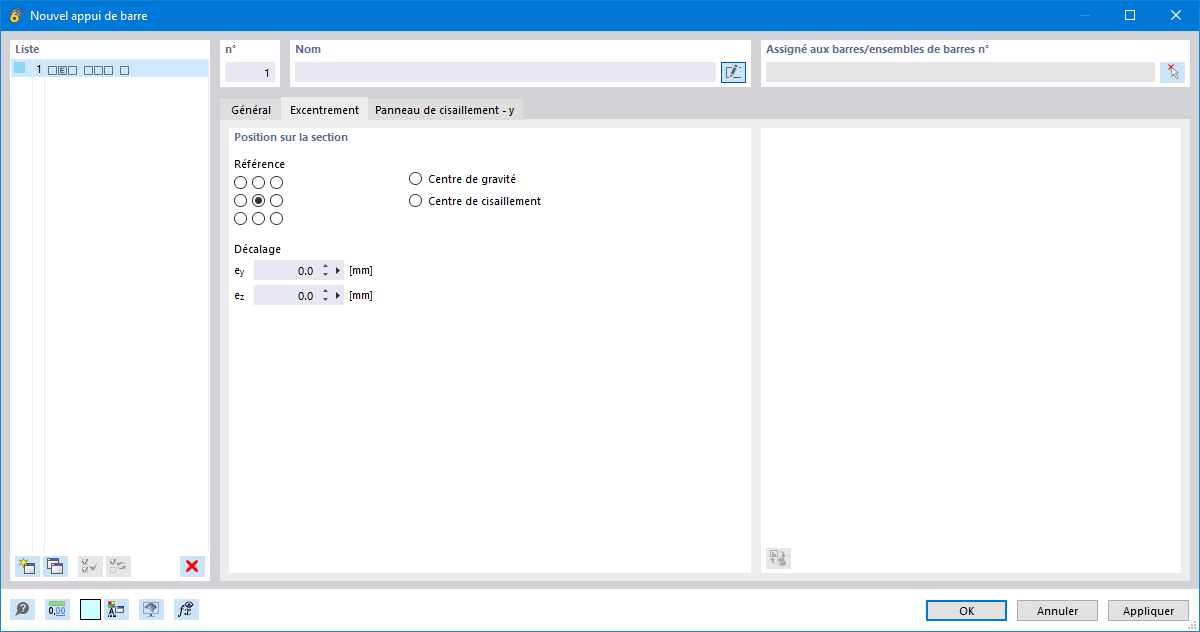 Boîte de dialogue « Nouvel appui de barre », onglet « Excentrement »