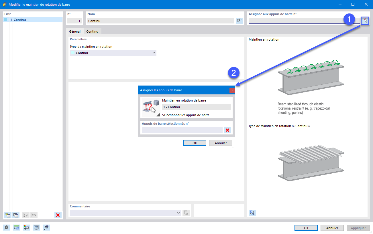 Boîte de dialogue « Nouveau maintien en rotation de barre », assigner un appui de barre