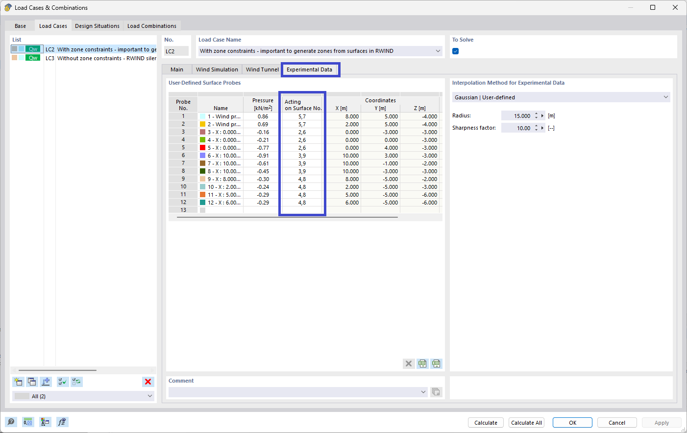 Surfaces pour la contrainte de zone d'interpolation dans RWIND