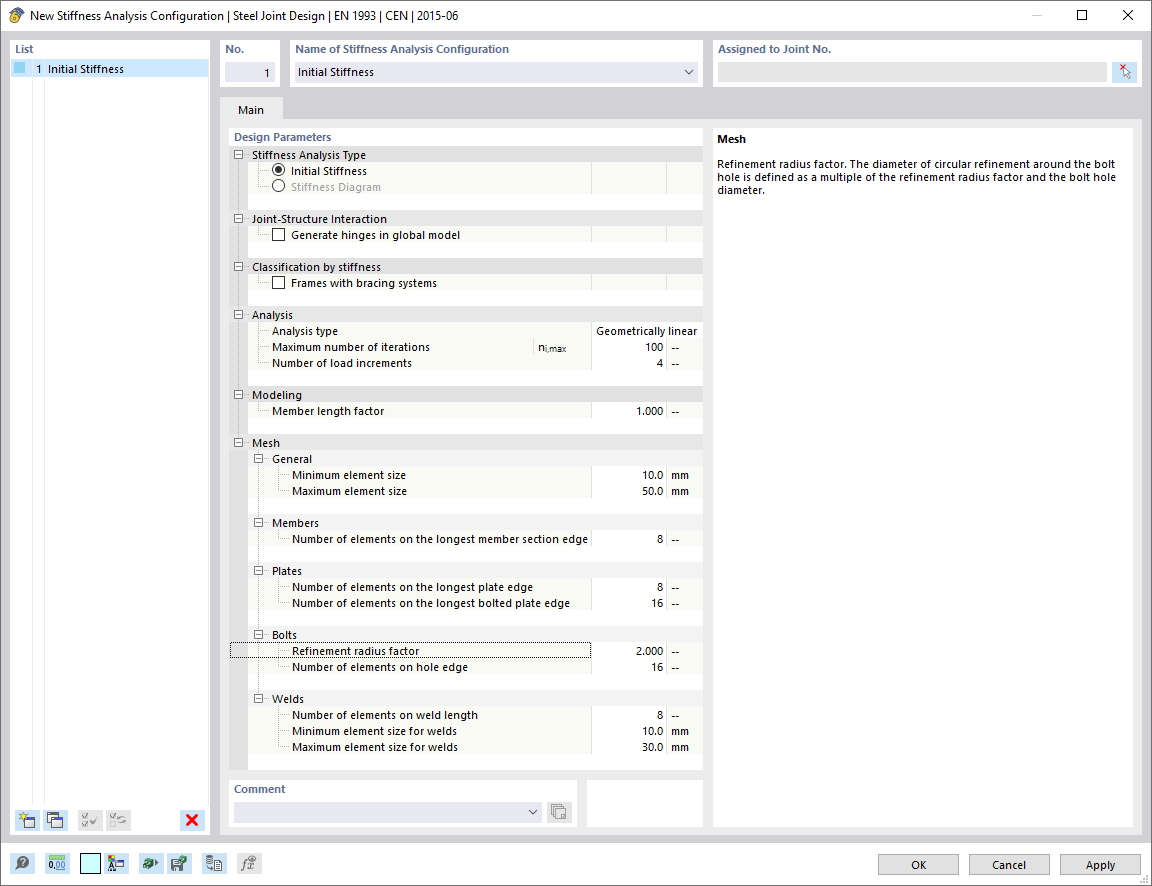 Configuration de l'analyse de rigidité pour le calcul des assemblages acier