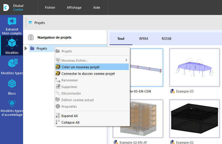 Menu « Fichier » pour les projets