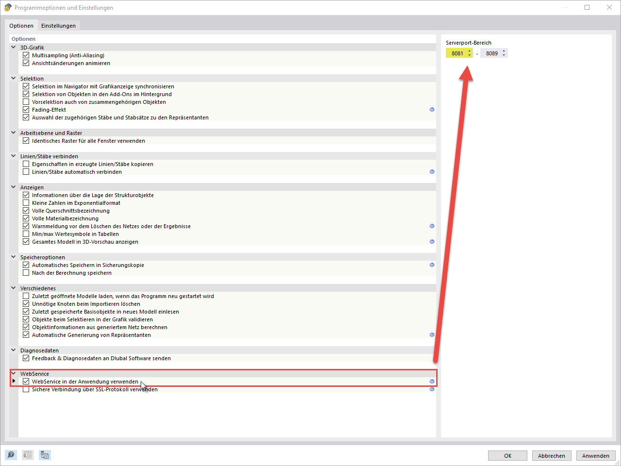 Liste de ports serveur dans RFEM 6