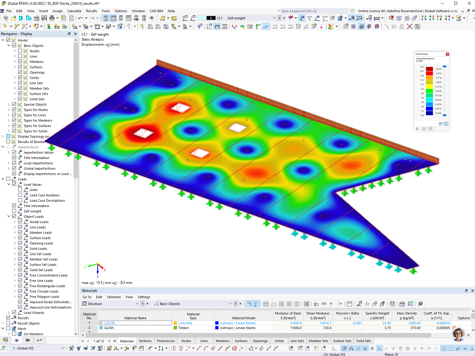 Plaque en bois lamellé-croisé avec appuis ponctuels et déformation dans RFEM 6