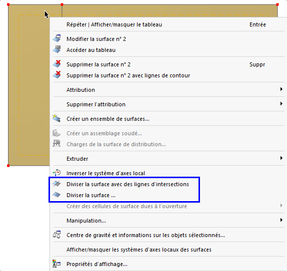 Menu contextuel avec les fonctions de division de surface