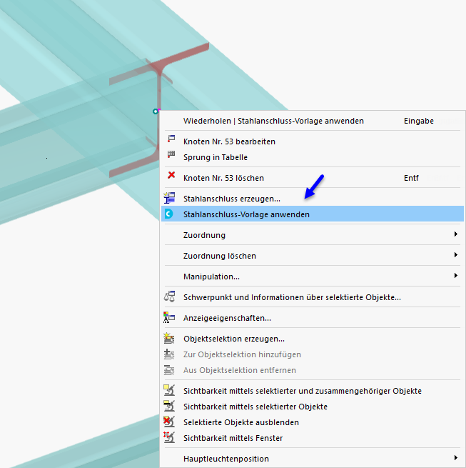 Sélectionner un modèle type dans le menu contextuel du nœud