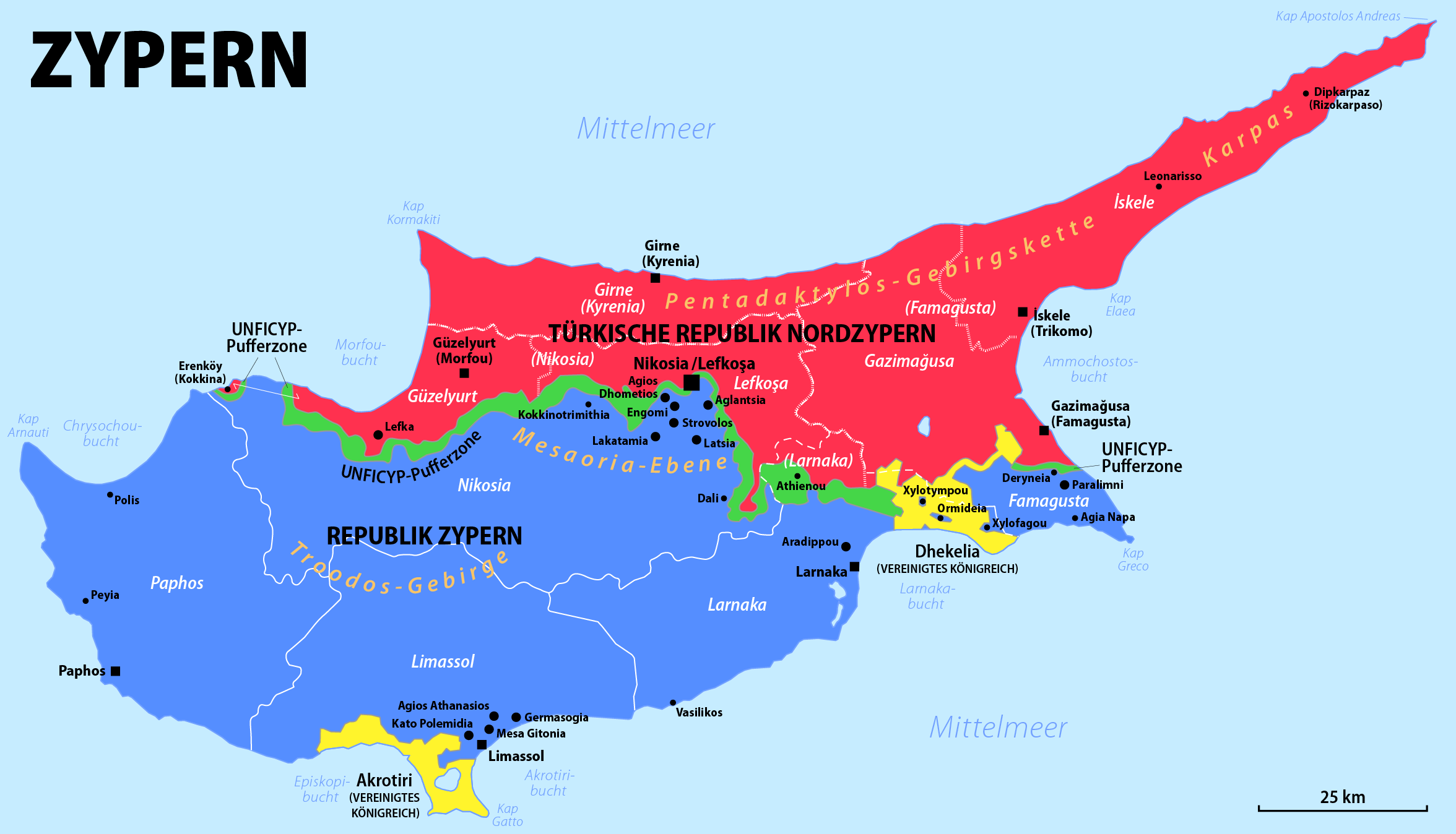 Chypre divisée en nord et sud (Source : Maximilian Dörrbecker, CC by-sa 2.5).