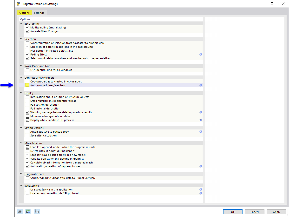 Options du programme - Connecter automatiquement les lignes/barres