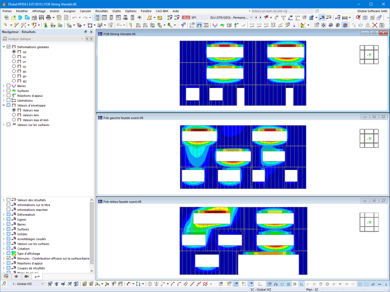 Déformations de la façade ossature bois du collège dans RFEM