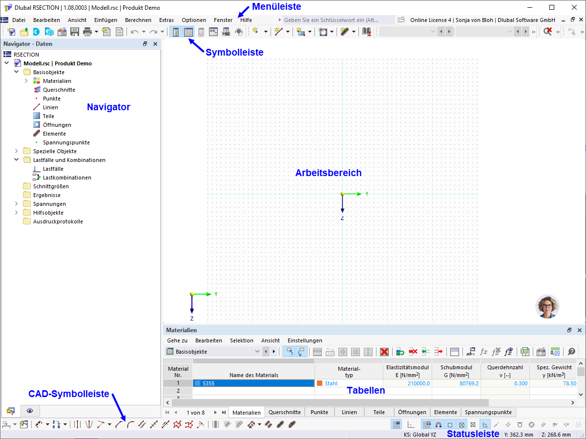 Interface graphique RSECTION