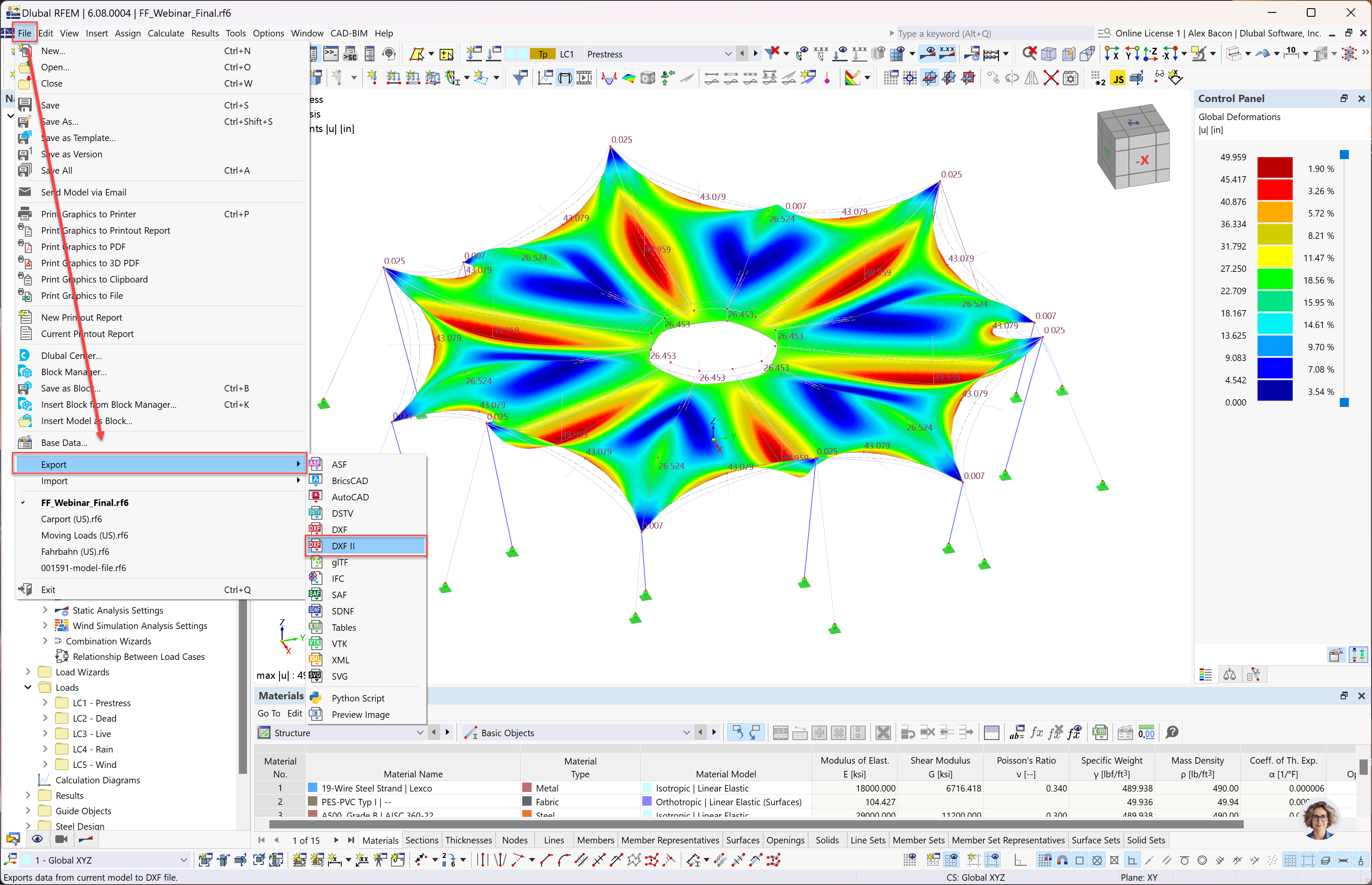 FAQ 005622 | Comment exporter la forme de maillage déformé dans un fichier .dxf dans RFEM 6 pour ma structure de membrane en tissu ?