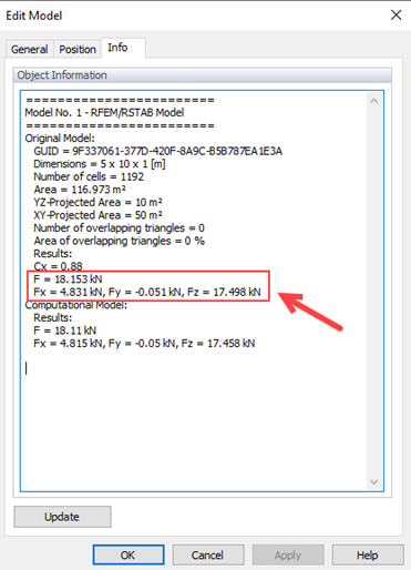 Figure 3 : Onglet Info dans RWIND relatif aux Forces de Vent