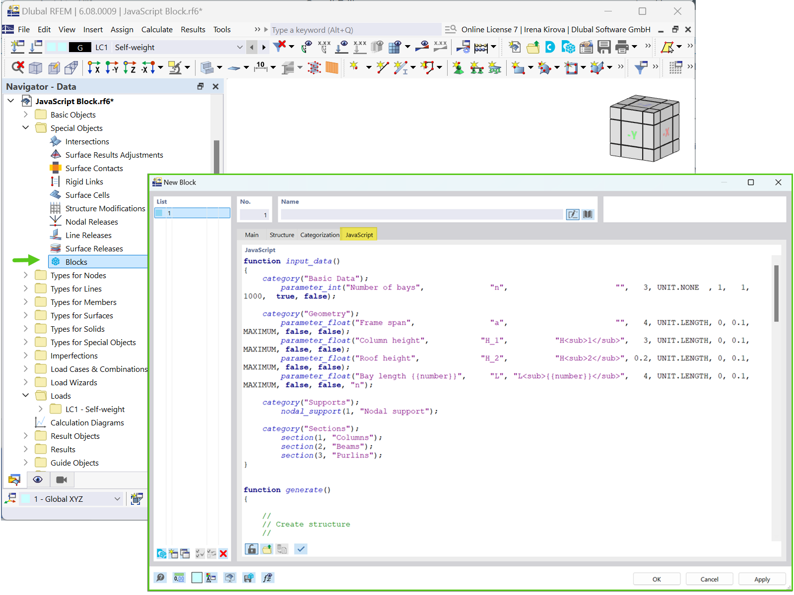 Interface de boîte de dialogue Dlubal Software montrant l'édition JavaScript pour l'ingénierie structurelle.