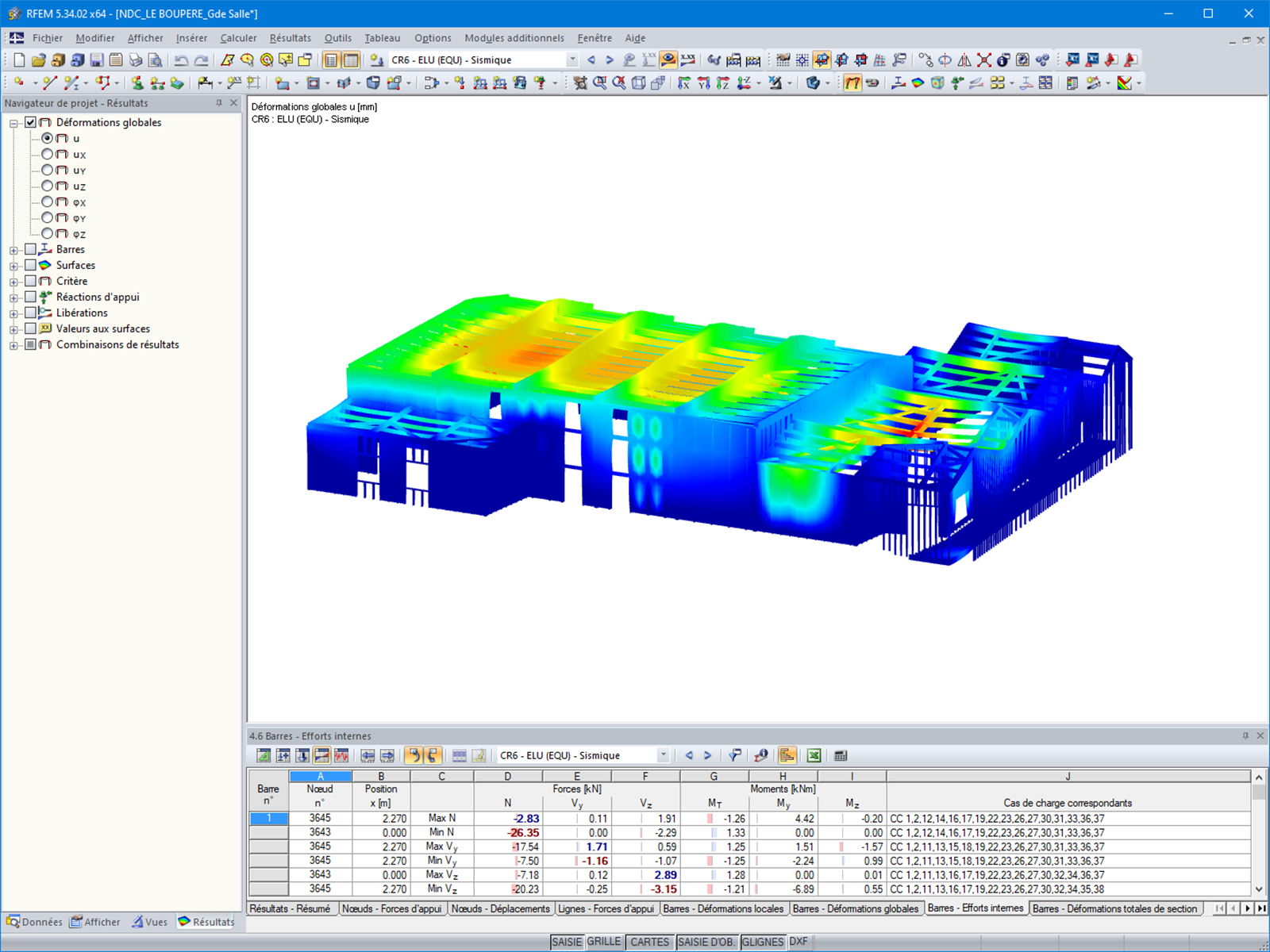 Déformations du modèle de la salle polyvalente dans RFEM 5 | © LCA Construction Bois