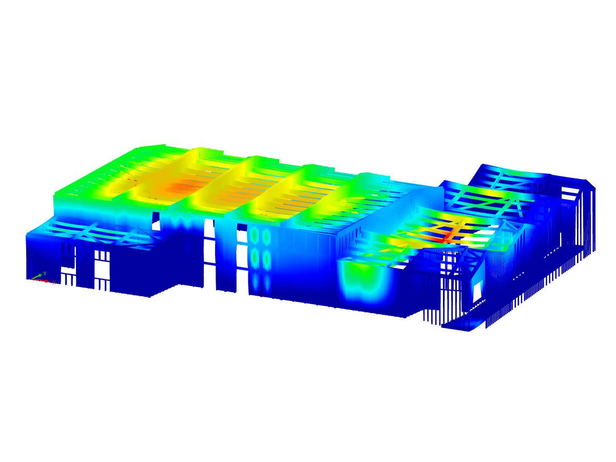 Déformations du modèle de la salle polyvalente dans RFEM 5 | © LCA Construction Bois