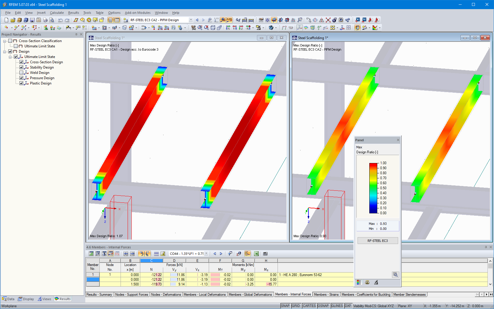 Stahlbemessung in RFEM ohne (links) und mit (rechts) RF-STAHL Plastizität