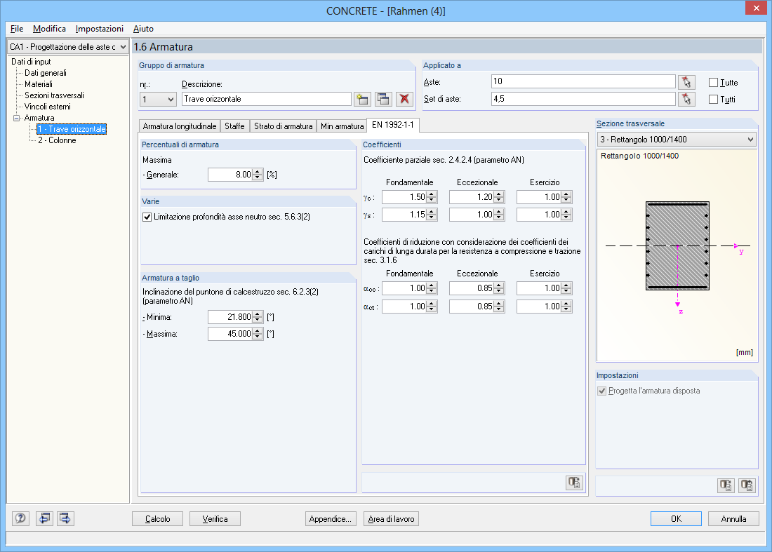 Finestra 1.6 Impostazioni specifiche della norma
