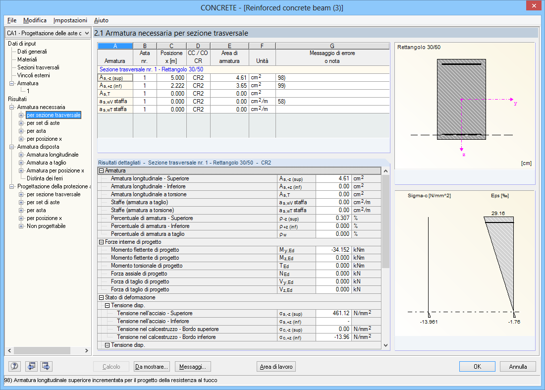 Finestra 2.1 Armatura necessaria per sezione trasversale