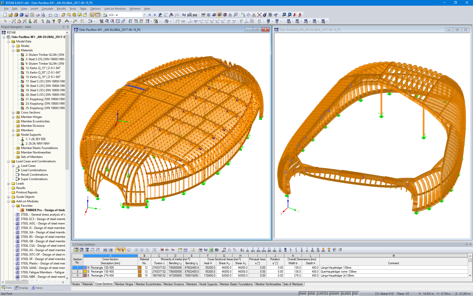 Modelli 3D di due padiglioni in RSTAB (© Blumer-Lehmann AG)