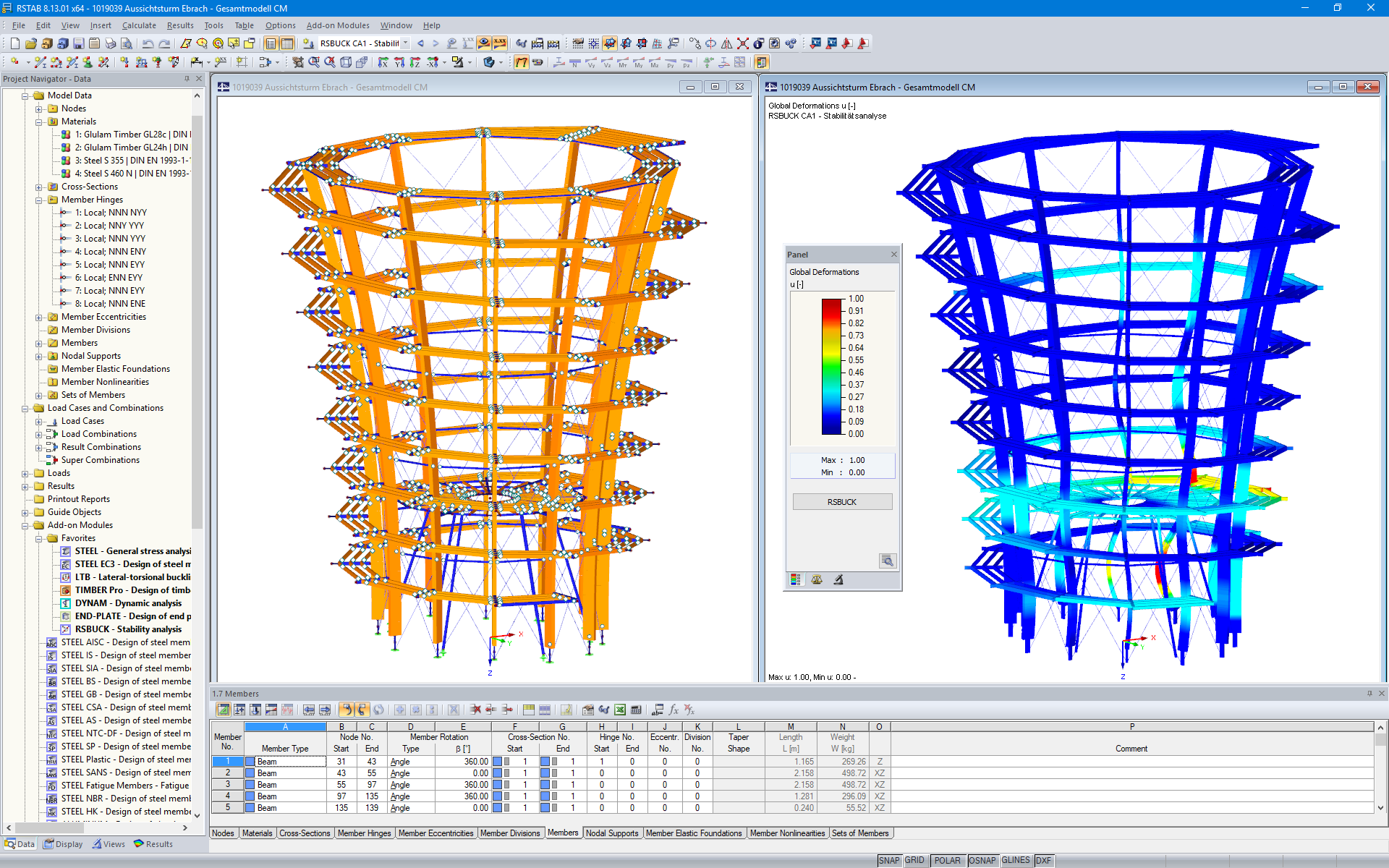 Modello 3D e forma di instabilità della torre di avvistamento in RSTAB (© WIEHAG GmbH)