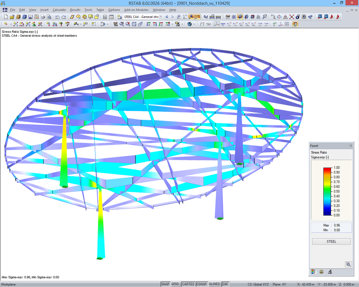 Analisi delle tensioni dell'acciaio della copertura nord in RSTAB (modello: Bollinger + Grohmann/Screenshot: Dlubal)