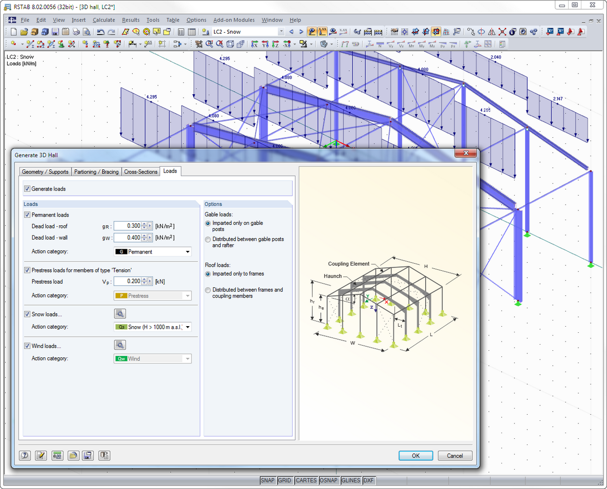 3D-Hallengenerierer (im Hintergrund: generierte Halle in RSTAB)