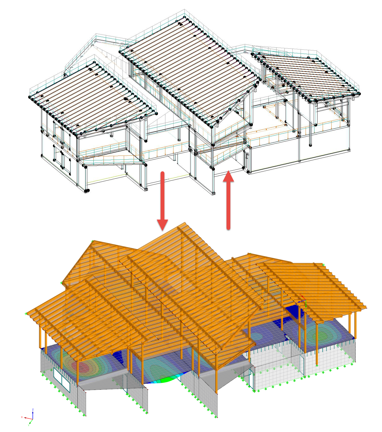 Oben: Analytisches Revit-Modell Kindergarten in Schwoich, Unten: RFEM-Modell (© AGA-Bau)