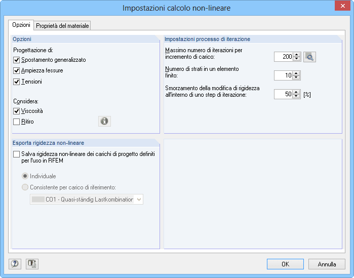 Impostazioni analisi non-lineare