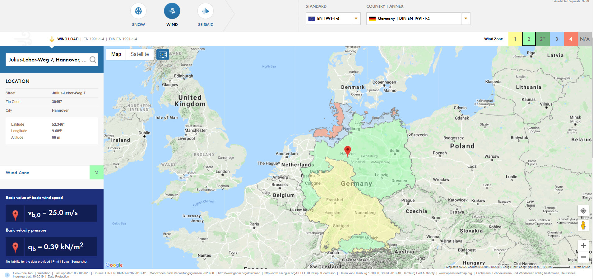 Servizio online Dlubal per la determinazione dei carichi del vento sulla base di servizi cartografici basati su cloud
