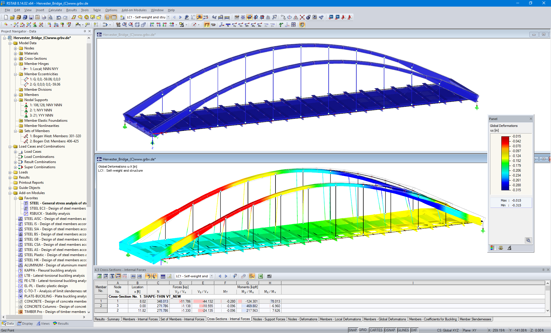 Modello 3D (in alto) e Spostamenti generalizzati (in basso) del ponte di Hervester n. 423 in RSTAB (© grbv)