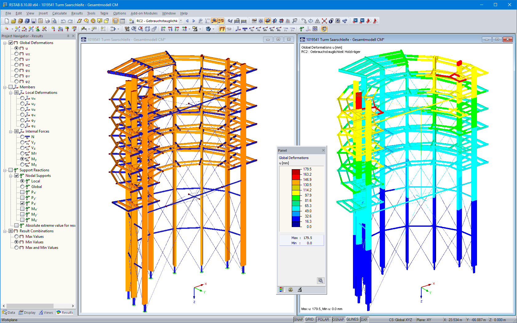 Modello 3D e spostamenti generalizzati della torre di avvistamento in RSTAB (© WIEHAG GmbH)