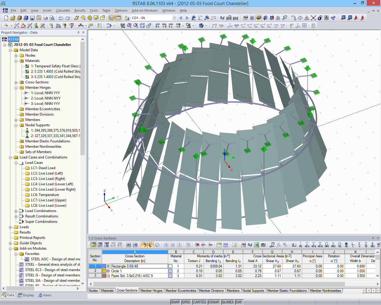 Modello 3D della struttura portante del lampadario in vetro in RSTAB (© STUTZKI Engineering)