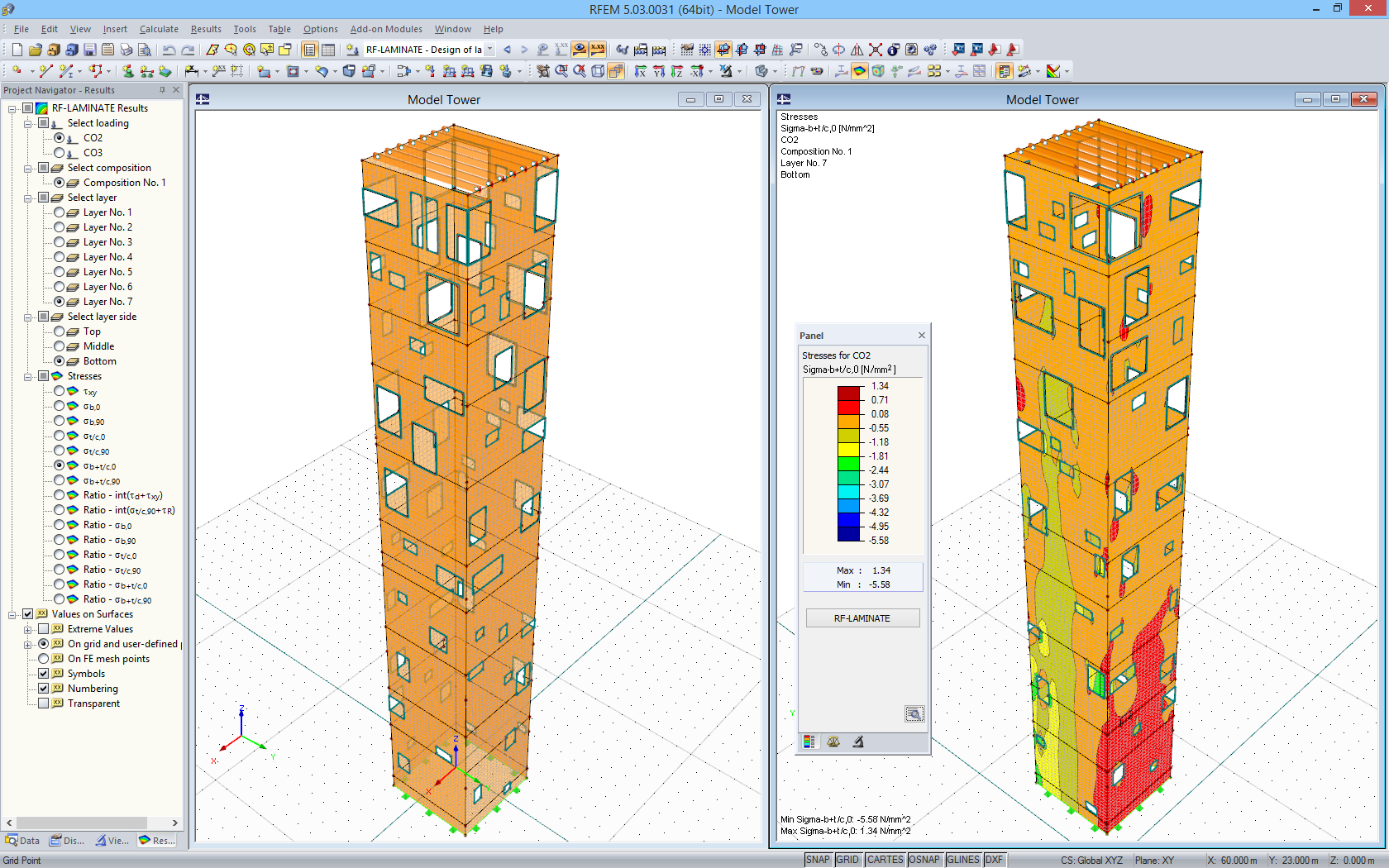 Modell des Außenturms sowie Bemessungsergebnisse von RF-LAMINATE in RFEM (© Wirth)