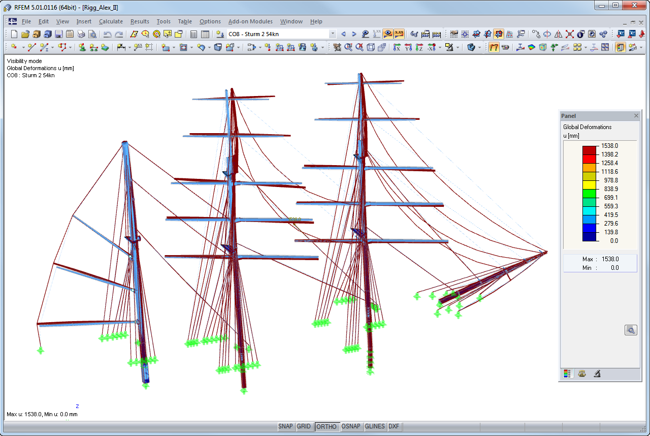 La deformazione di alberi e pennoni in caso di una tempesta con vento 54 nodi (circa 100 km/h) in RFEM (© Wollert)