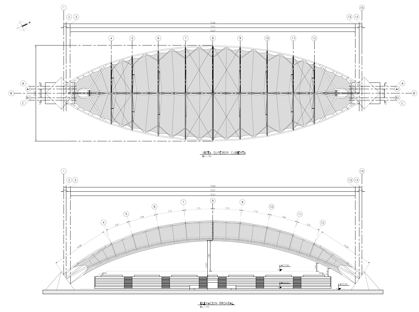 Sezione del disegno con vista dall'alto (in alto) e sezione attraverso la copertura (in basso, © FHS Ingeniería Estructural Ltda.)