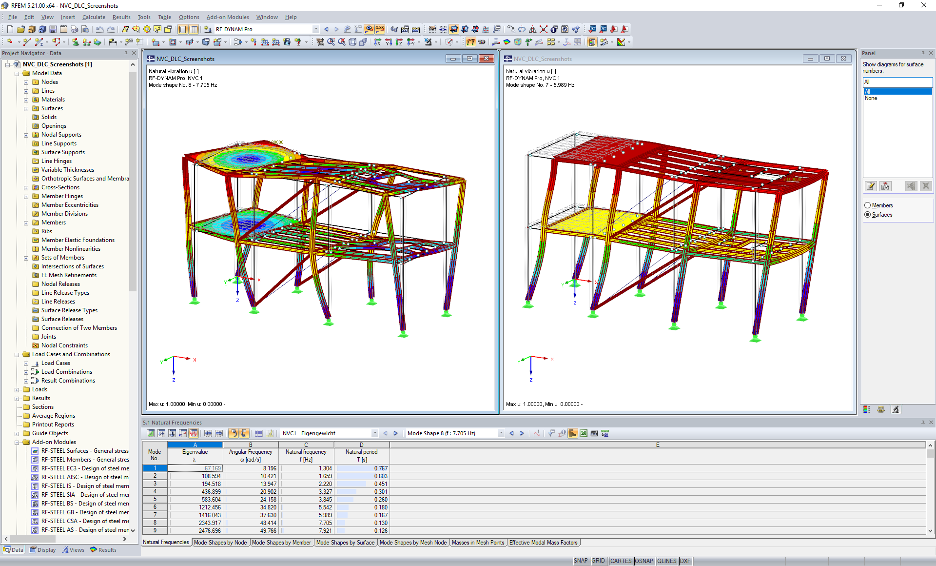 Analisi modale in RFEM - Valutazione tabellare e grafica