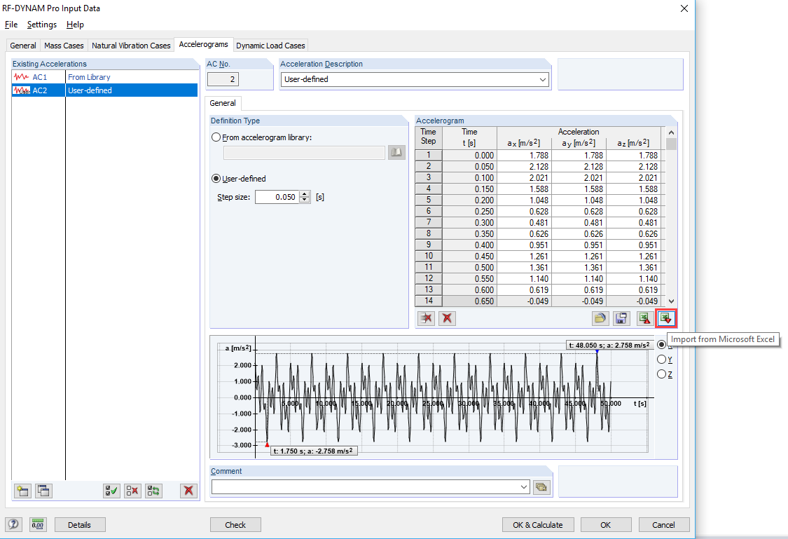 Accelerogramma importato da Excel