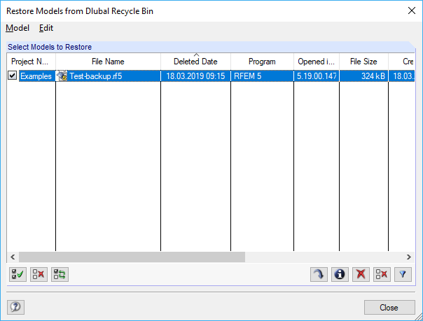 Ripristina modelli dal cestino Dlubal