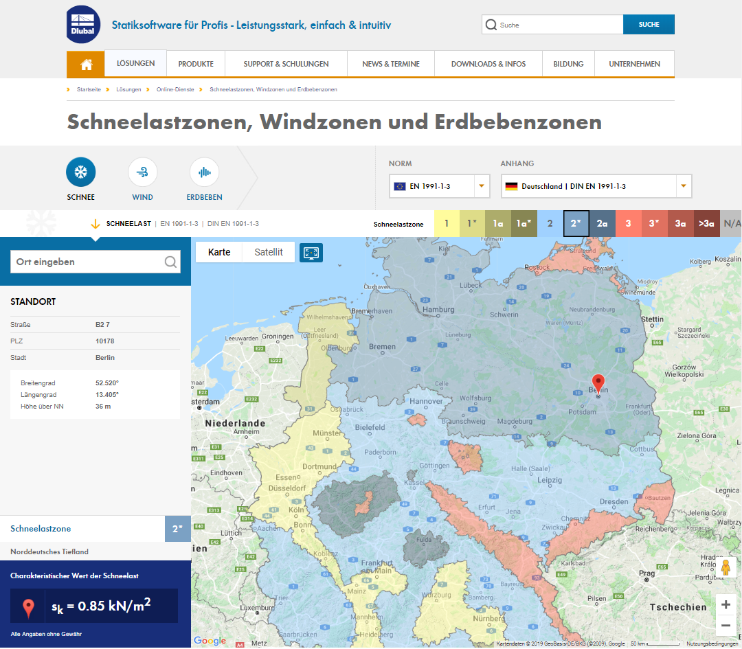 Trova la posizione in Germania su Google Maps e determina il carico di neve corrispondente.