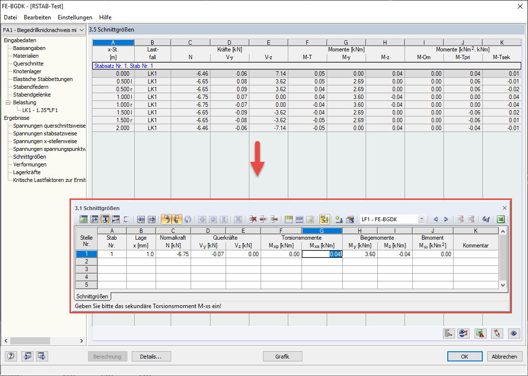 Trasferimento manuale delle forze interne e dei momenti da FE-LTB a SHAPE-THIN Tabella 3.1