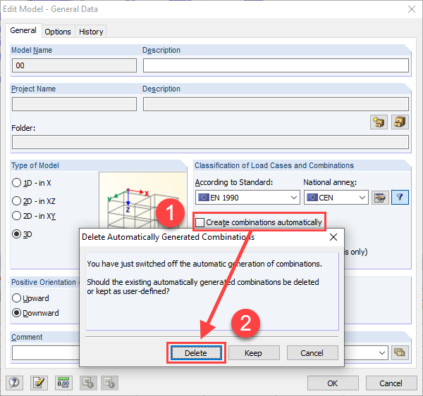 Modifica dei dati generali del modello: Disattiva la casella di controllo "Crea combinazioni automaticamente" (1) ed eliminala (2)