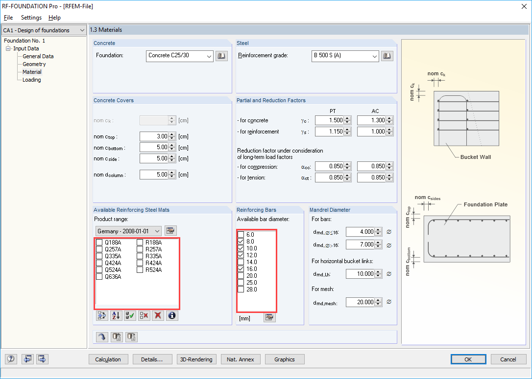 Finestra "1.3 Materiali" con selezione della possibile armatura