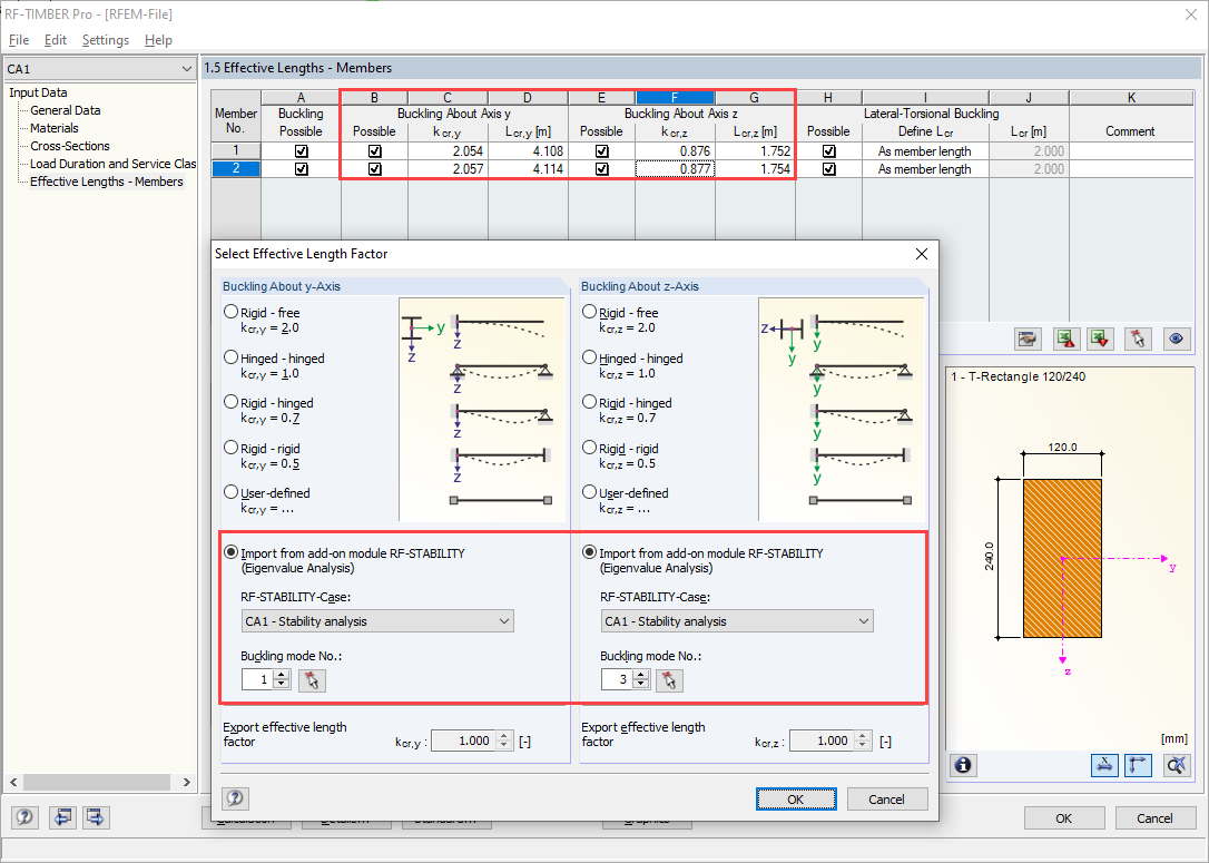 RF-/TIMBER Pro con finestra di dialogo per importare lunghezze efficaci determinate