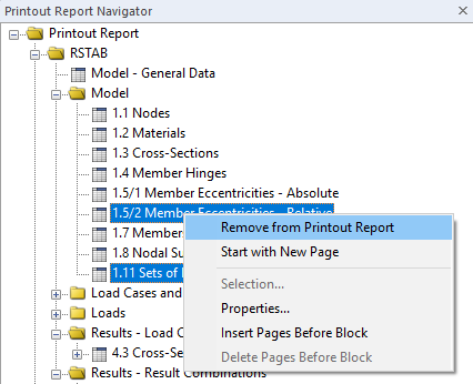 Menu di scelta rapida "Rimuovi dalla relazione di calcolo" nel Navigatore relazione di calcolo
