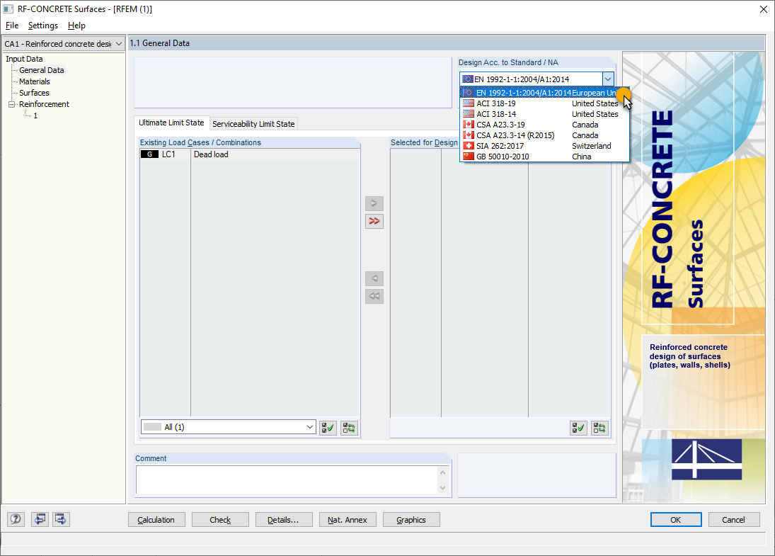 Selezione di EC2 in RF-CONCRETE Surfaces