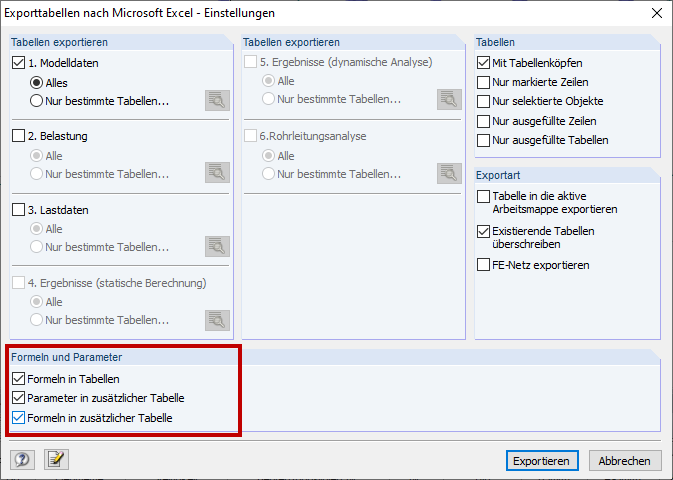 Esportazione di tabelle in Microsoft Excel - Impostazioni