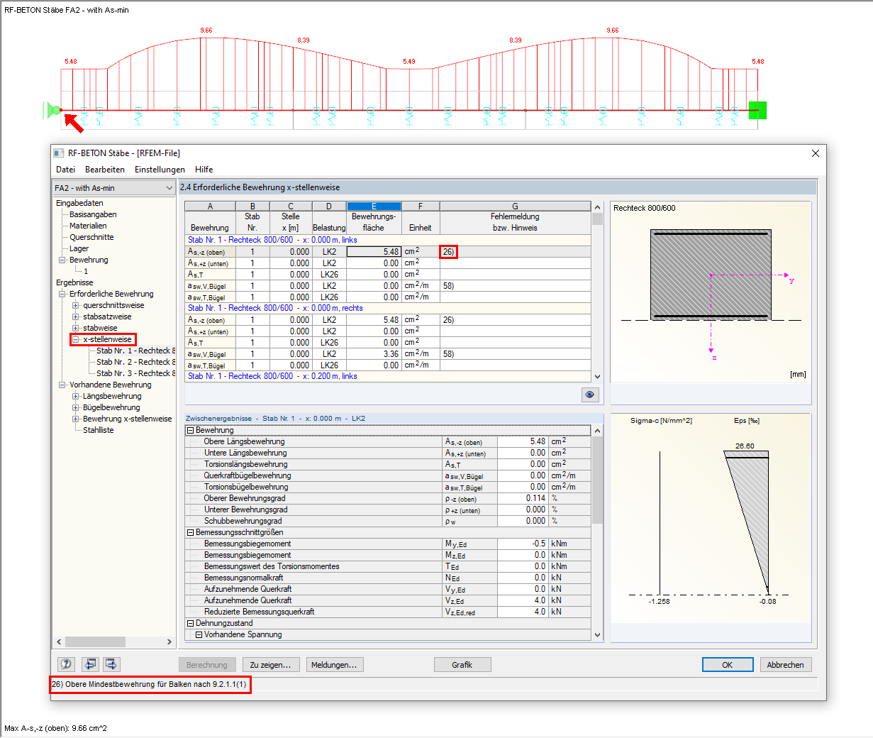 Finestra dei risultati 2.4 con visualizzazione dell'armatura necessaria per posizione x