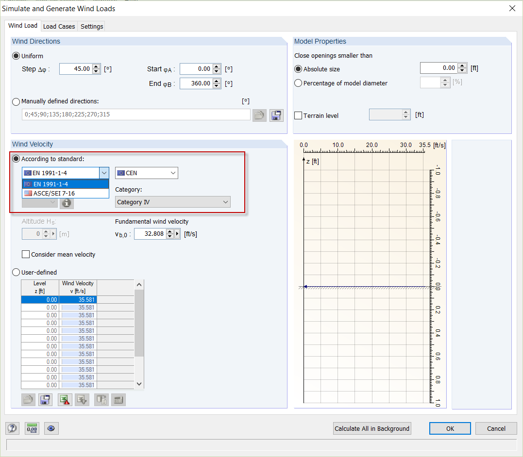 RWIND Simulation - Standard del profilo del vento