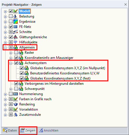 Impostazioni per la visualizzazione del sistema di assi in Display Navigator