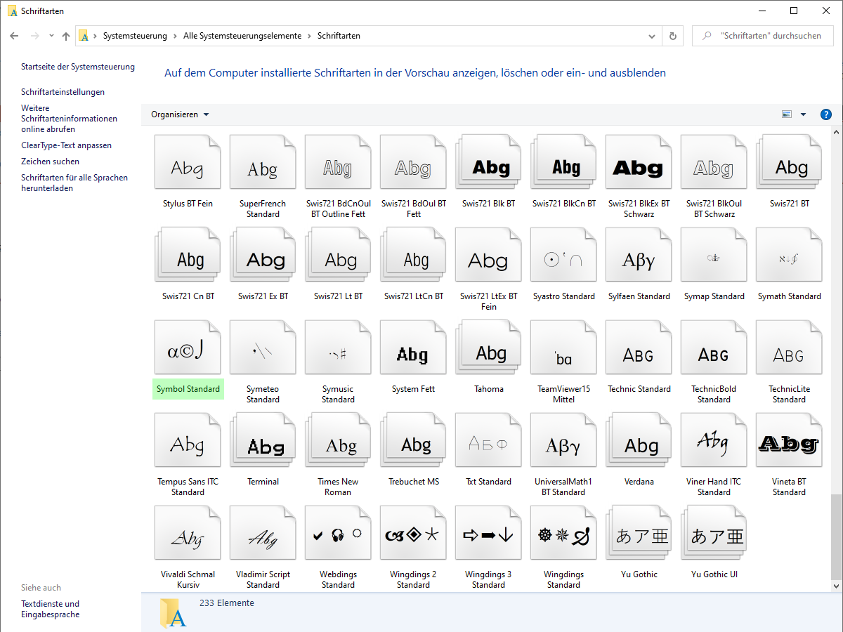 Estratto dei caratteri in Windows 10 con carattere "Symbol Standard"