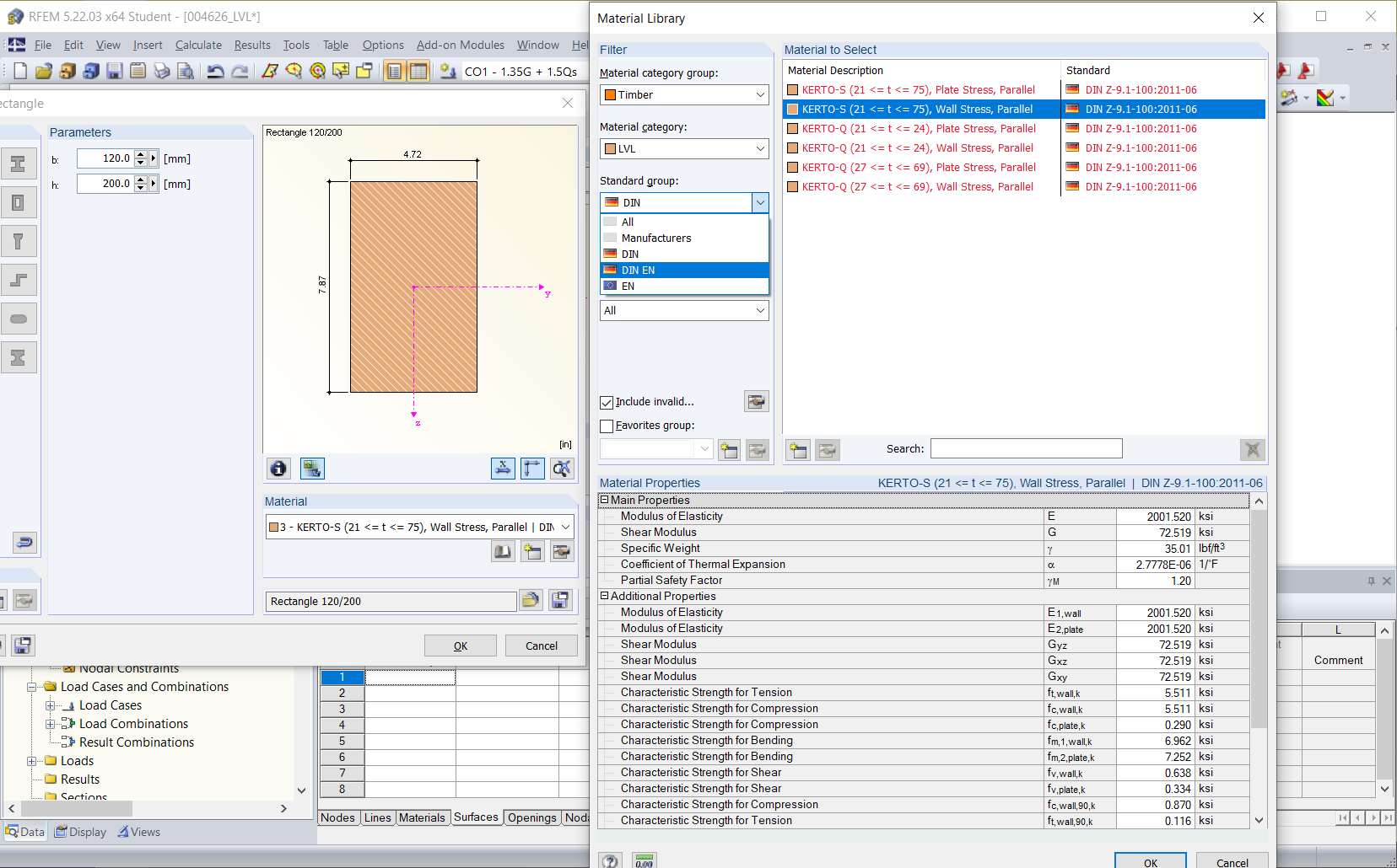 Modello di trave in legno multilaminare in un database materiali.